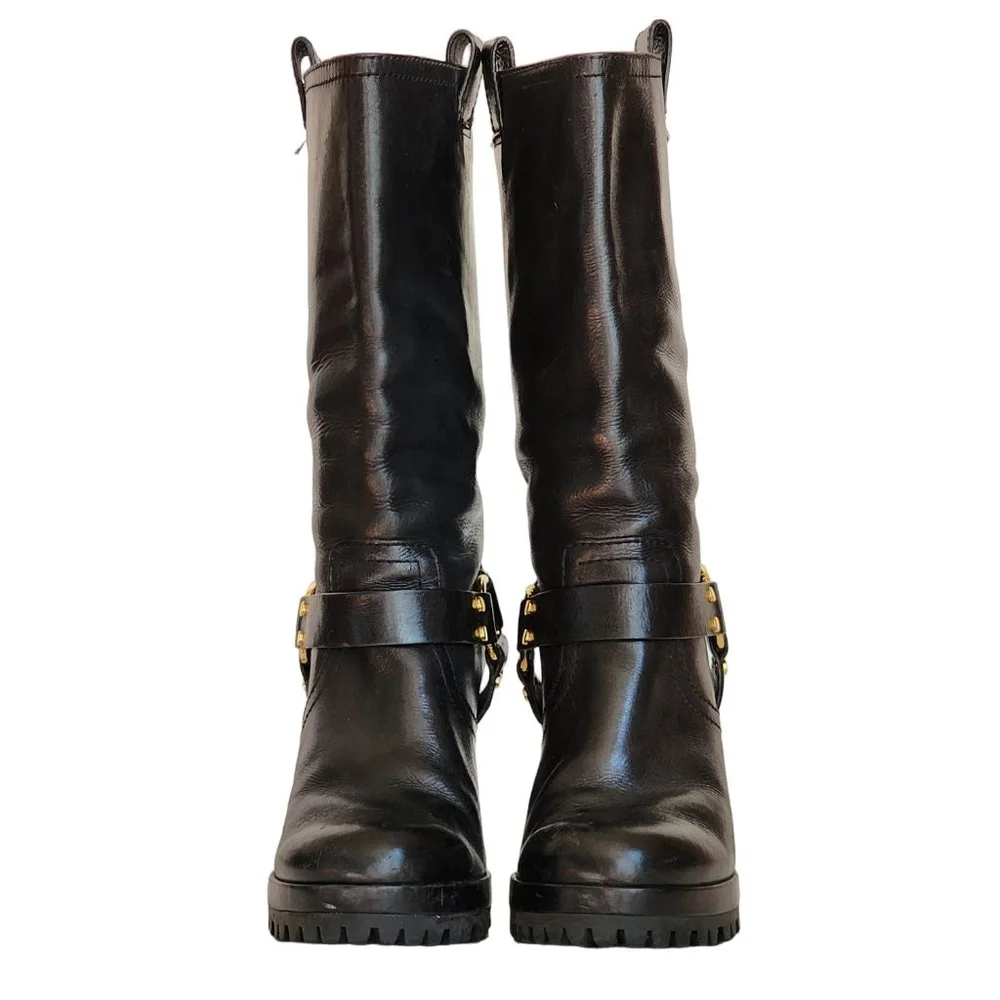 TORY BURCH Rainelle Black Heeled Mid-Calf Motorcycle Boots‎ Gold Harness 10.5